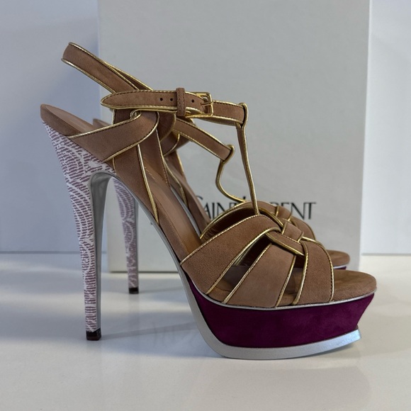YSL Tribute Yves Saint Laurent  Beige Multicolor Suede Sandal Heels EU 39 US 9 - Picture 4 of 9